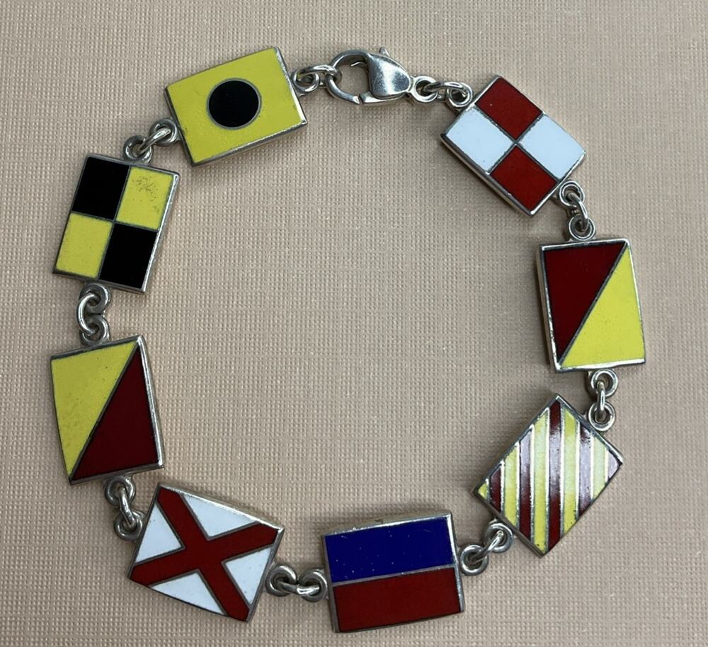Vintage Sterling Silver Enamel Nautical Signal Flag Bracelet 18g 7.75”